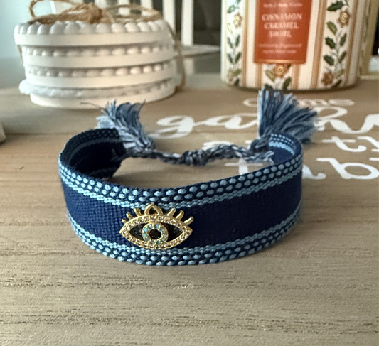 Navy Blue Evil Eye Woven Bracelet – Adjustable Boho Protection Jewelry