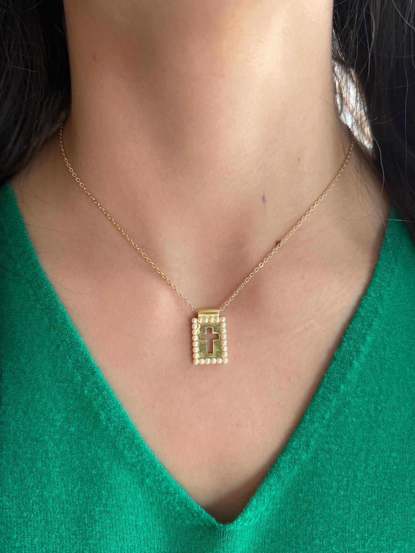Gold Cross Pendant with Pearl Border