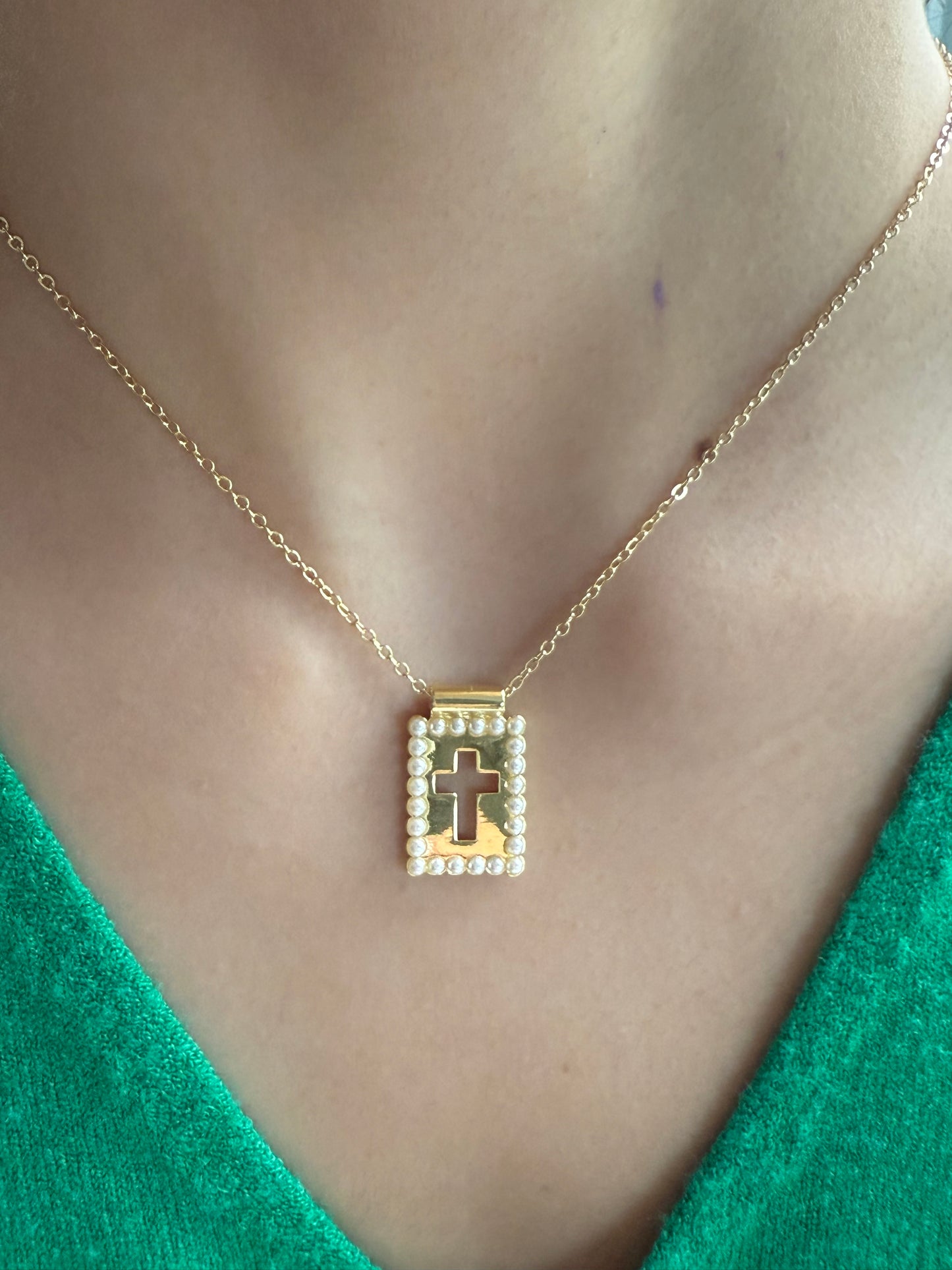 Gold Cross Pendant with Pearl Border