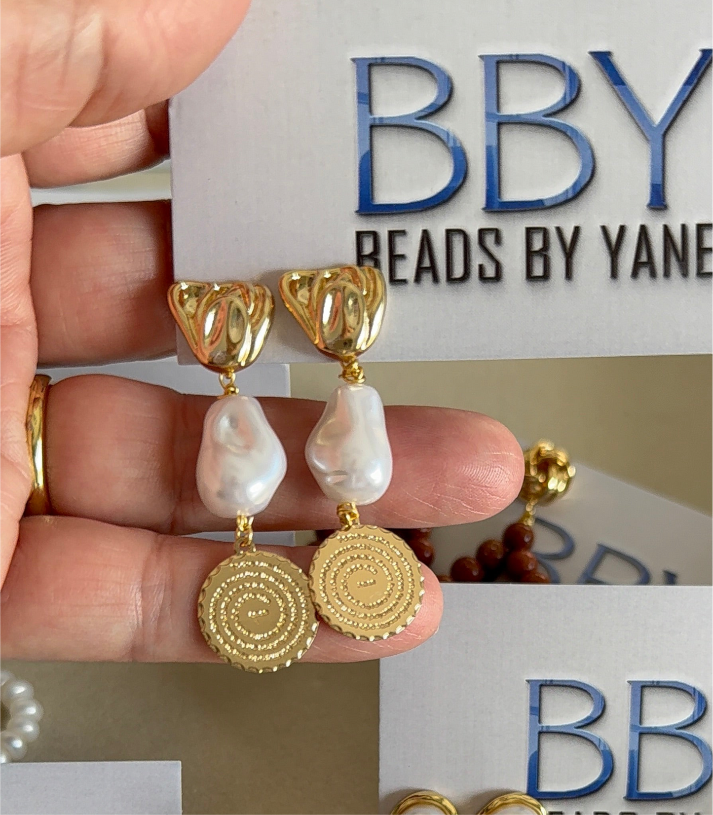Baroque Pearl & Spiral Earrings with Our Father Charm