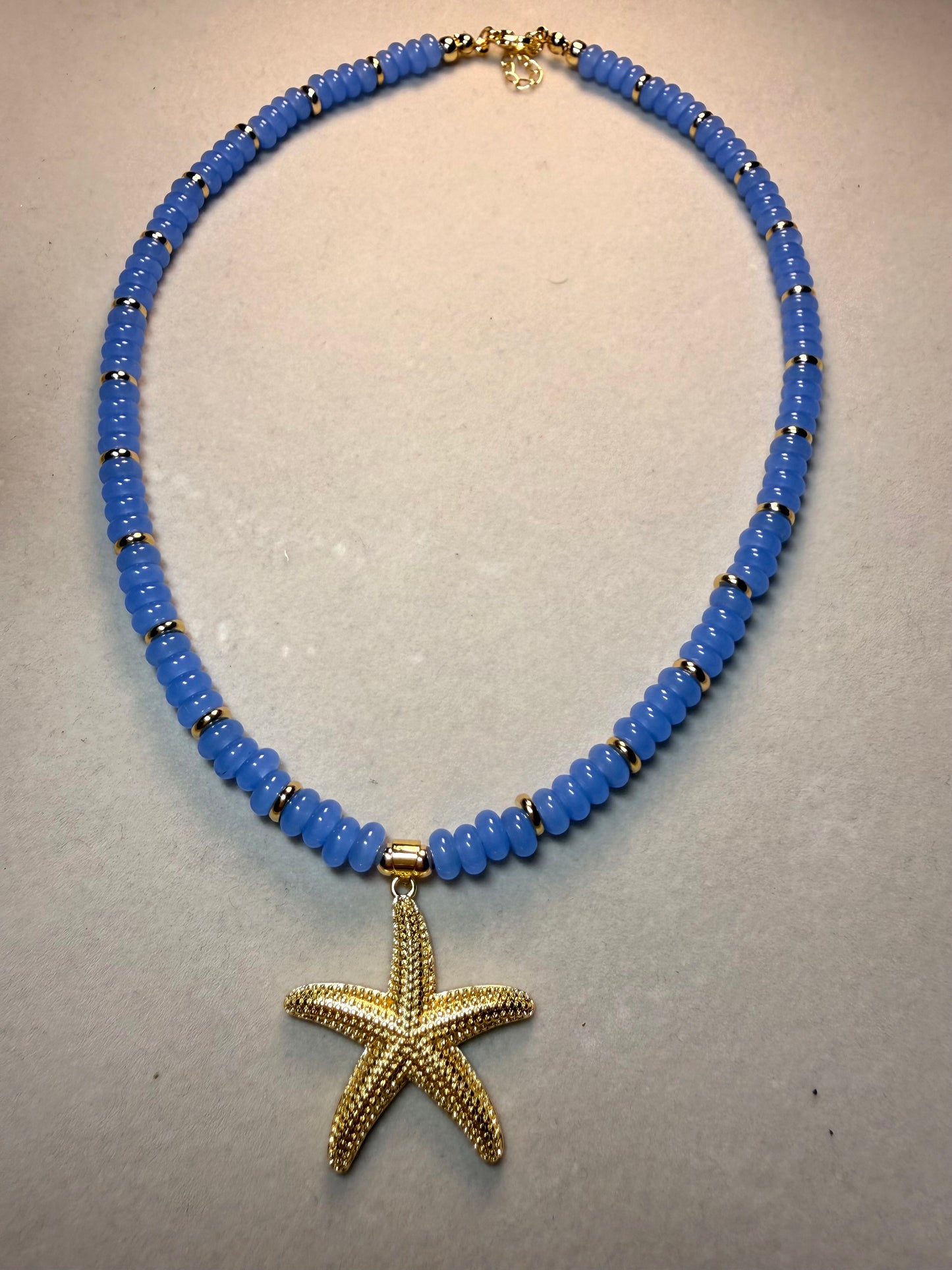 Starfish Necklace with Blue Beads & Gold Charm