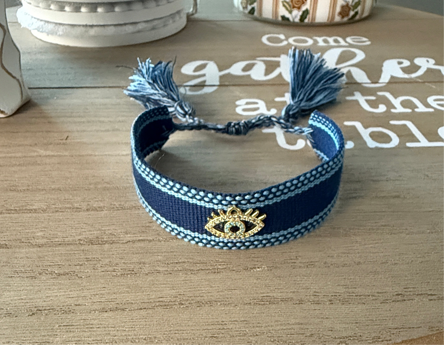 Navy Blue Evil Eye Woven Bracelet – Adjustable Boho Protection Jewelry