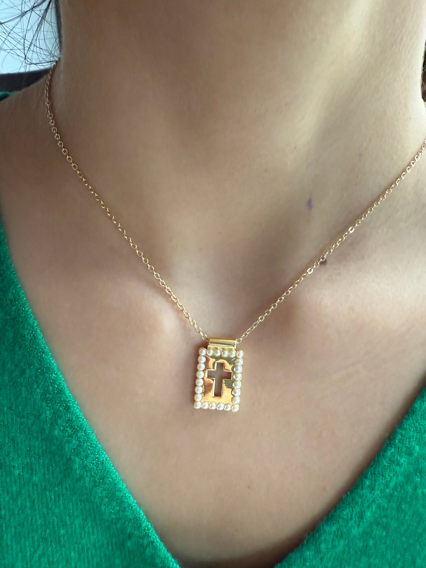 Gold Cross Pendant with Pearl Border