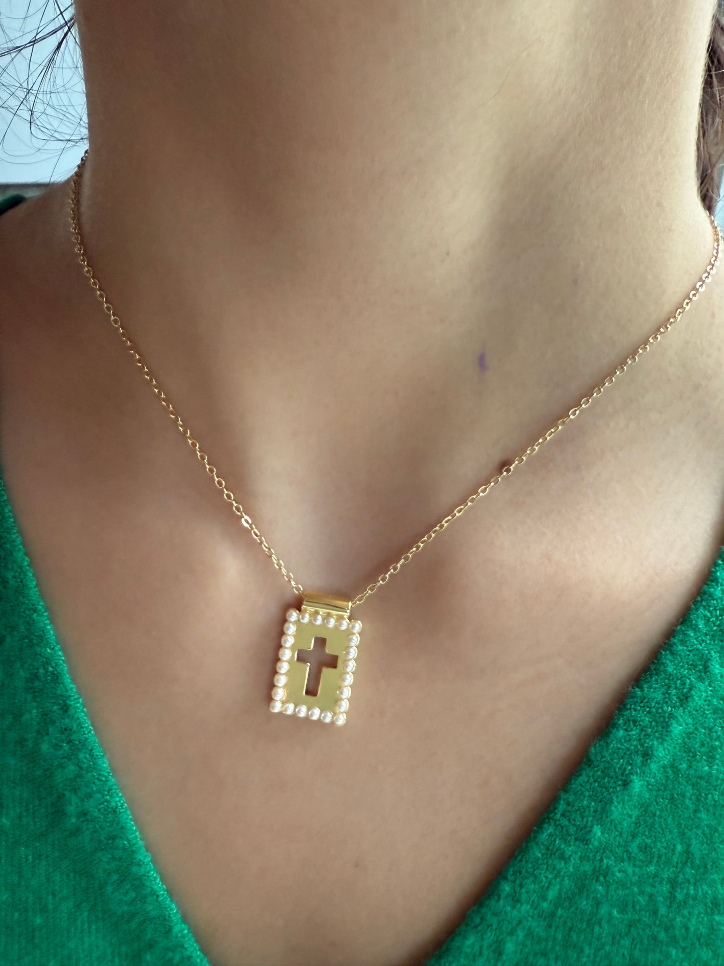 Gold Cross Pendant with Pearl Border