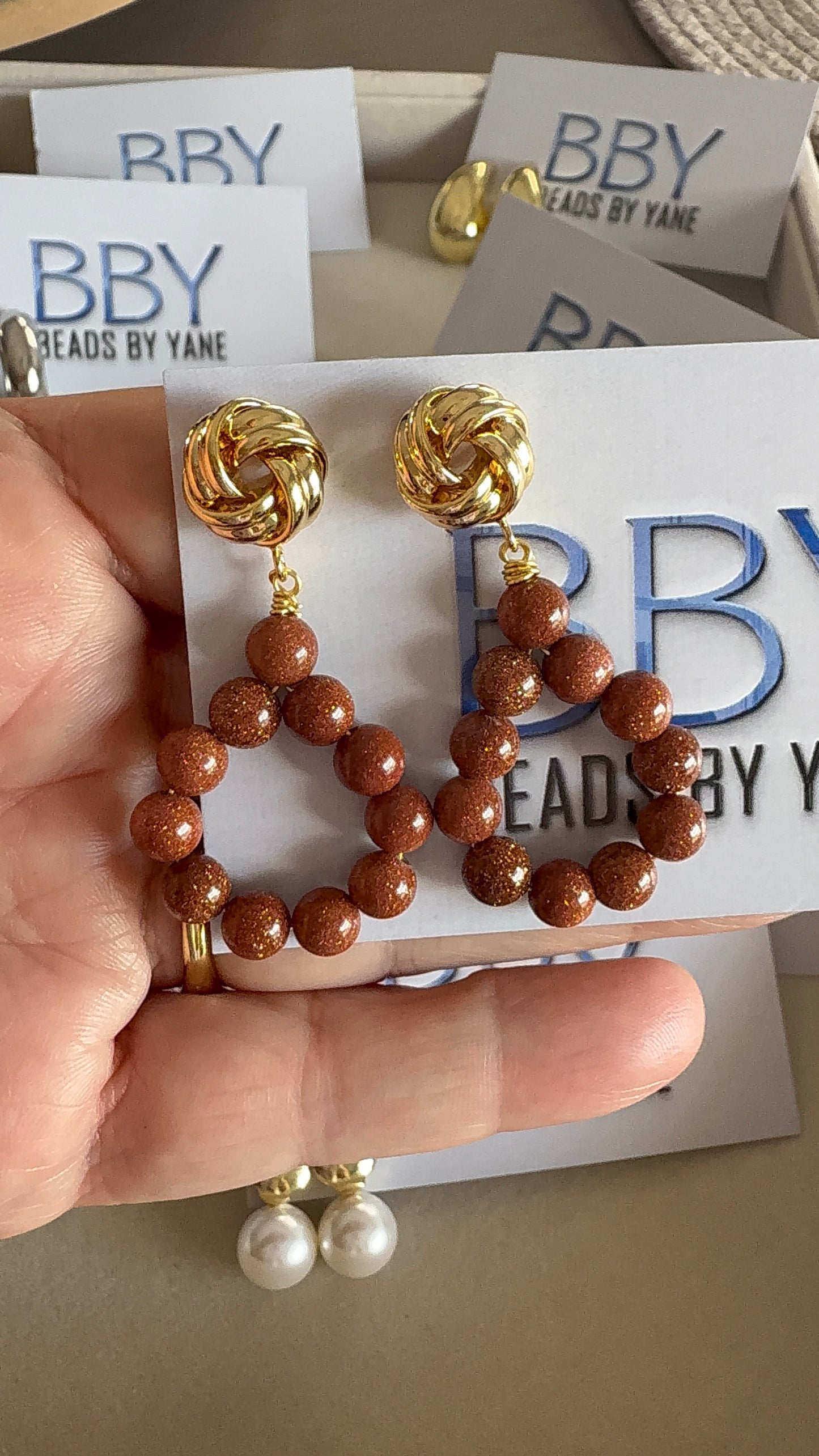 Golden Knot & Brown Stone Hoop Earrings