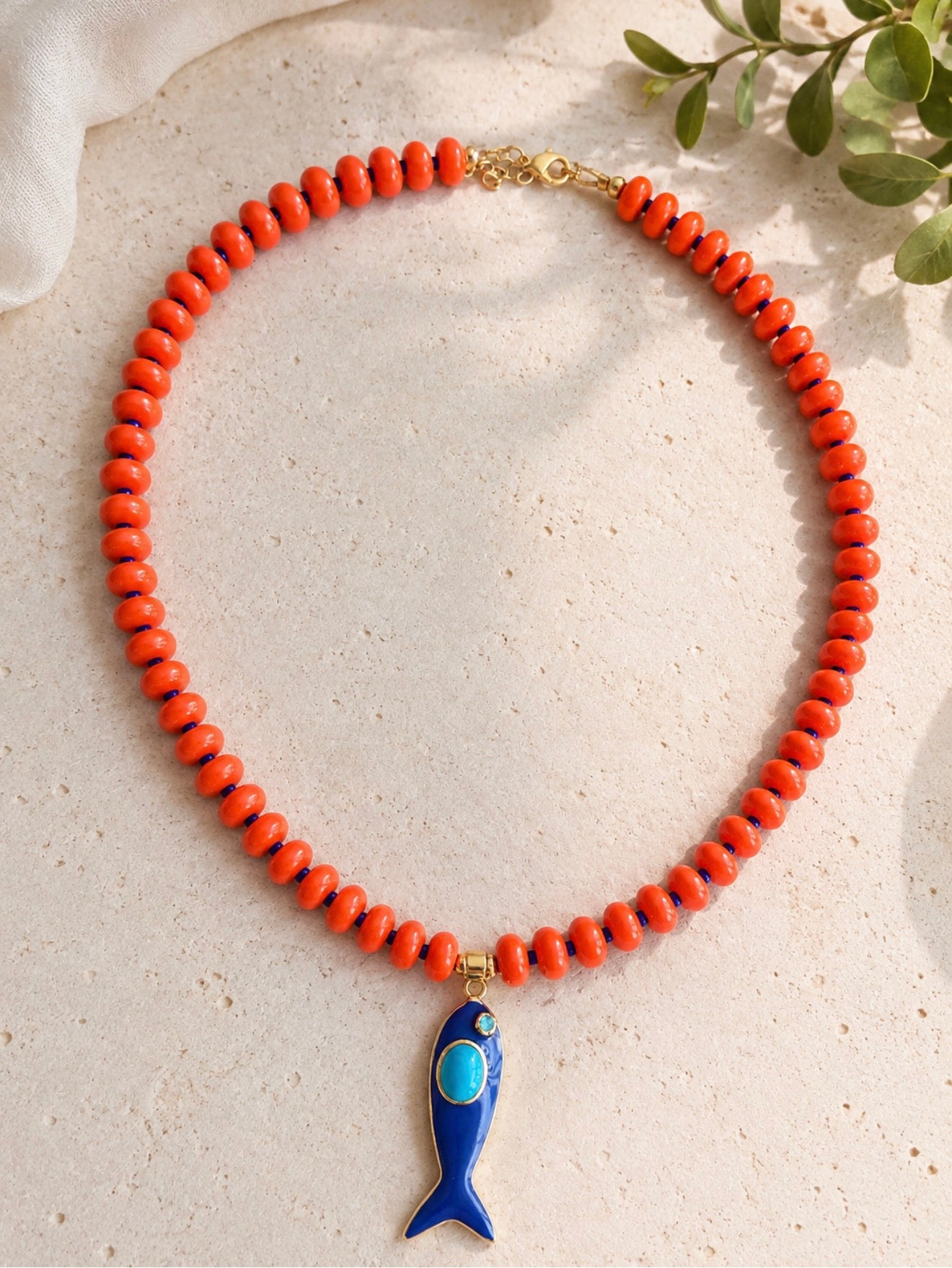 Mediterranean Fish Charm Beaded Necklace – Orange & Blue Statement Necklace