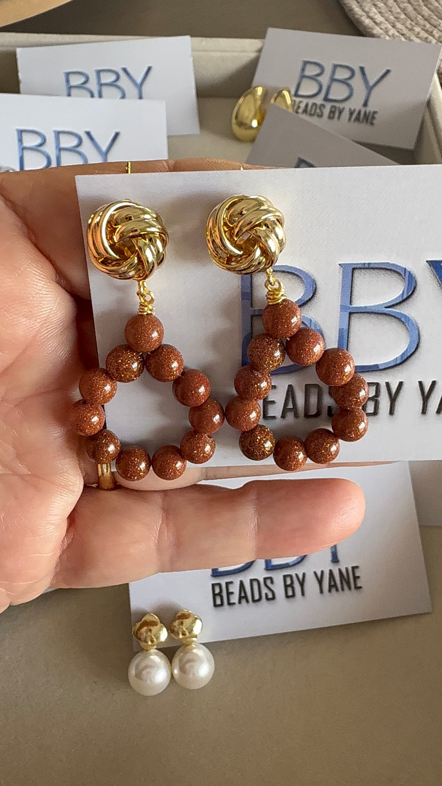 Golden Knot & Brown Stone Hoop Earrings