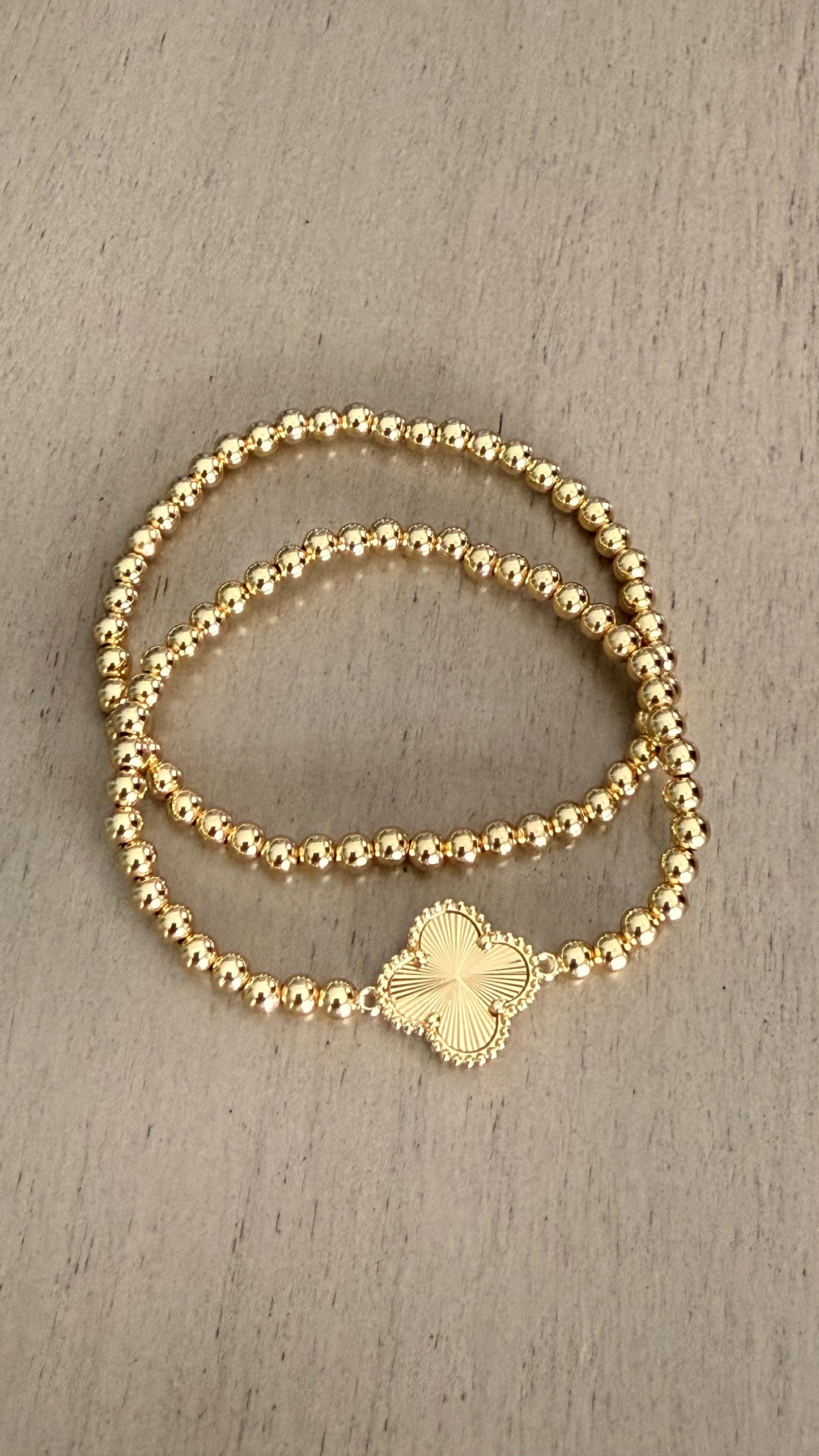 Lucky Clover Gold Beaded Bracelet Set – 2 Piece Stretch Stack