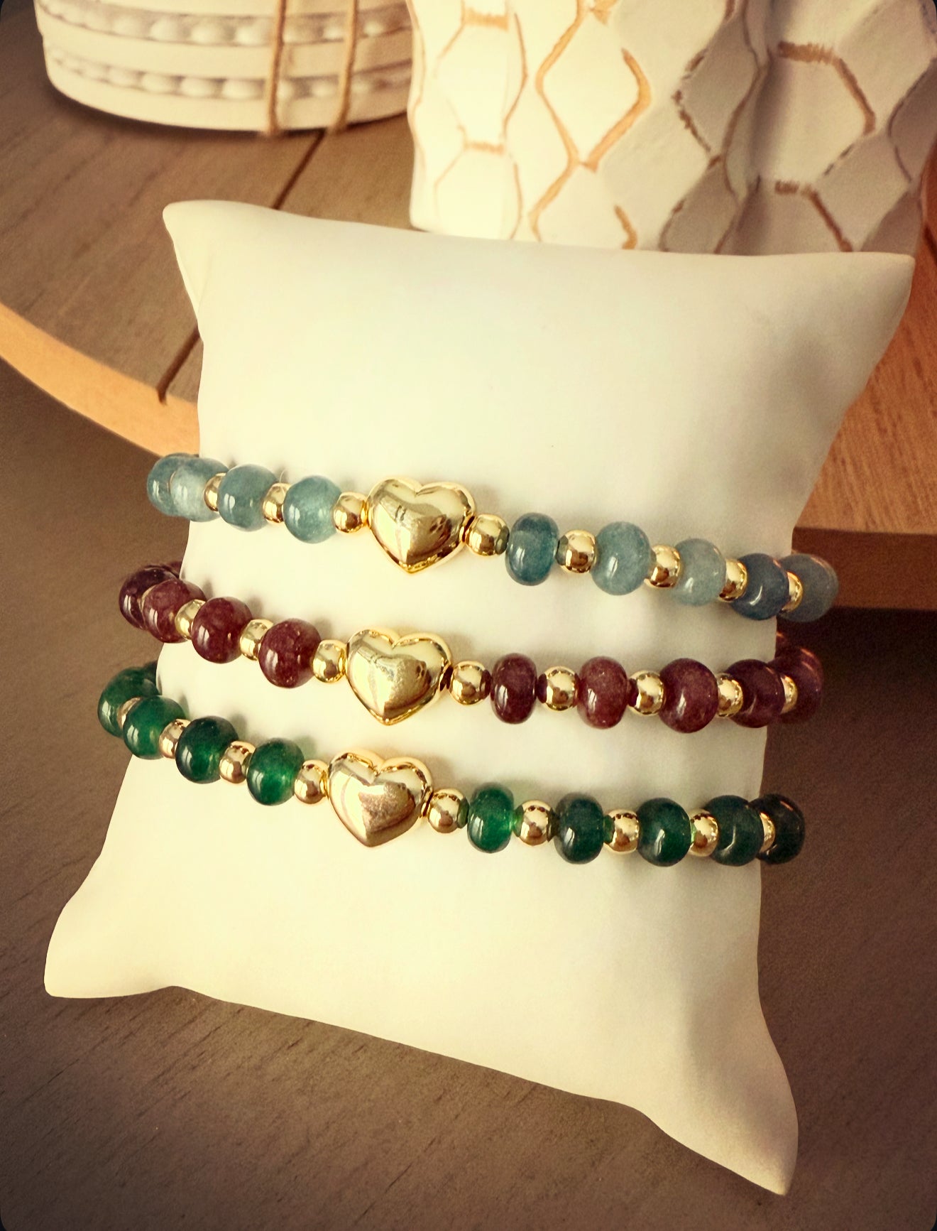 Gemstone Heart Charm Bracelet Set