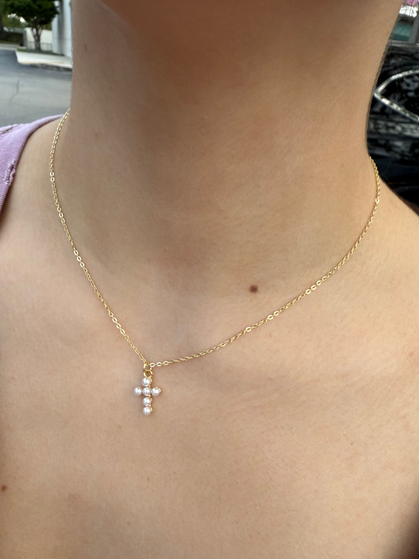 Dainty pearl cross gold chain