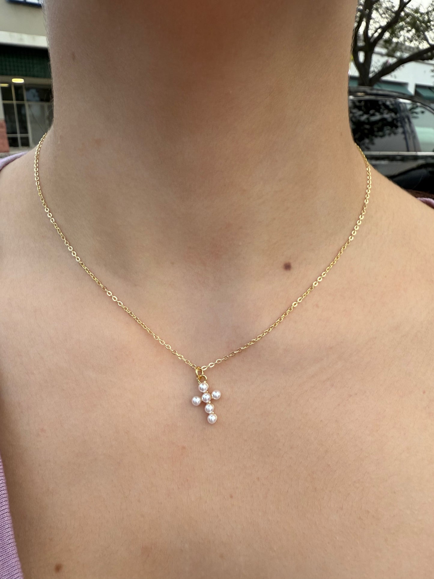 Dainty pearl cross gold chain