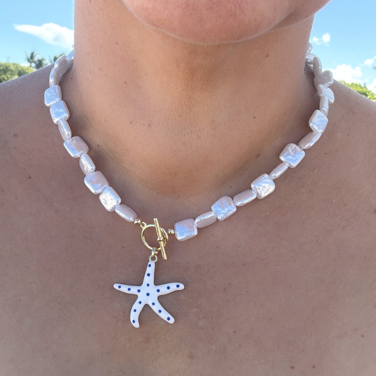 Starfish Charm Square Pearl Necklace
