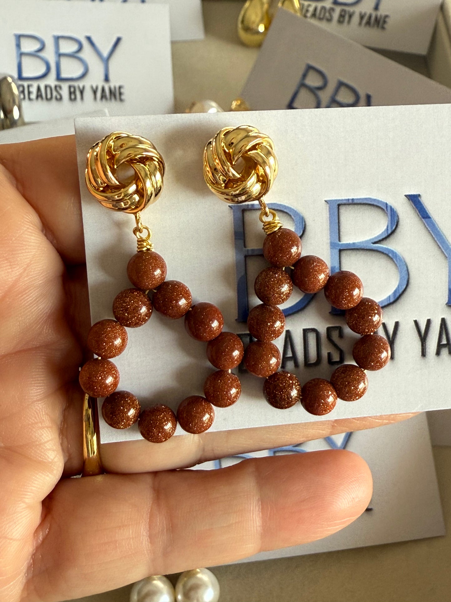 Golden Knot & Brown Stone Hoop Earrings