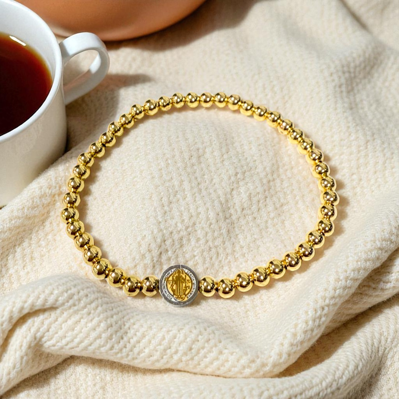 Gold Beaded Bracelet with Saint Benedict Medal