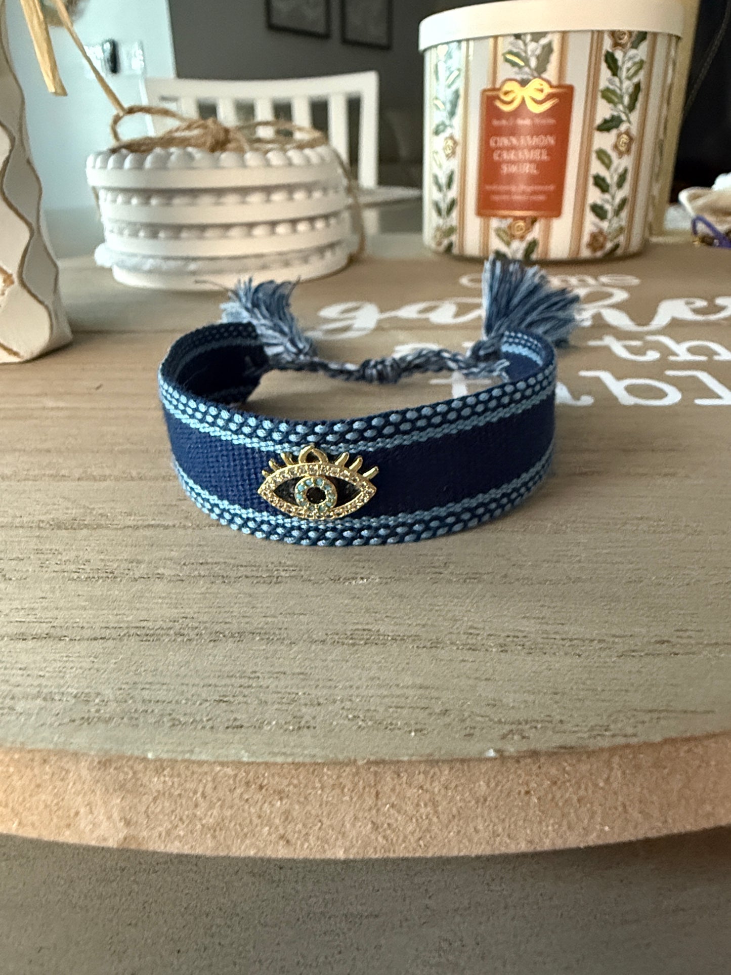 Navy Blue Evil Eye Woven Bracelet – Adjustable Boho Protection Jewelry