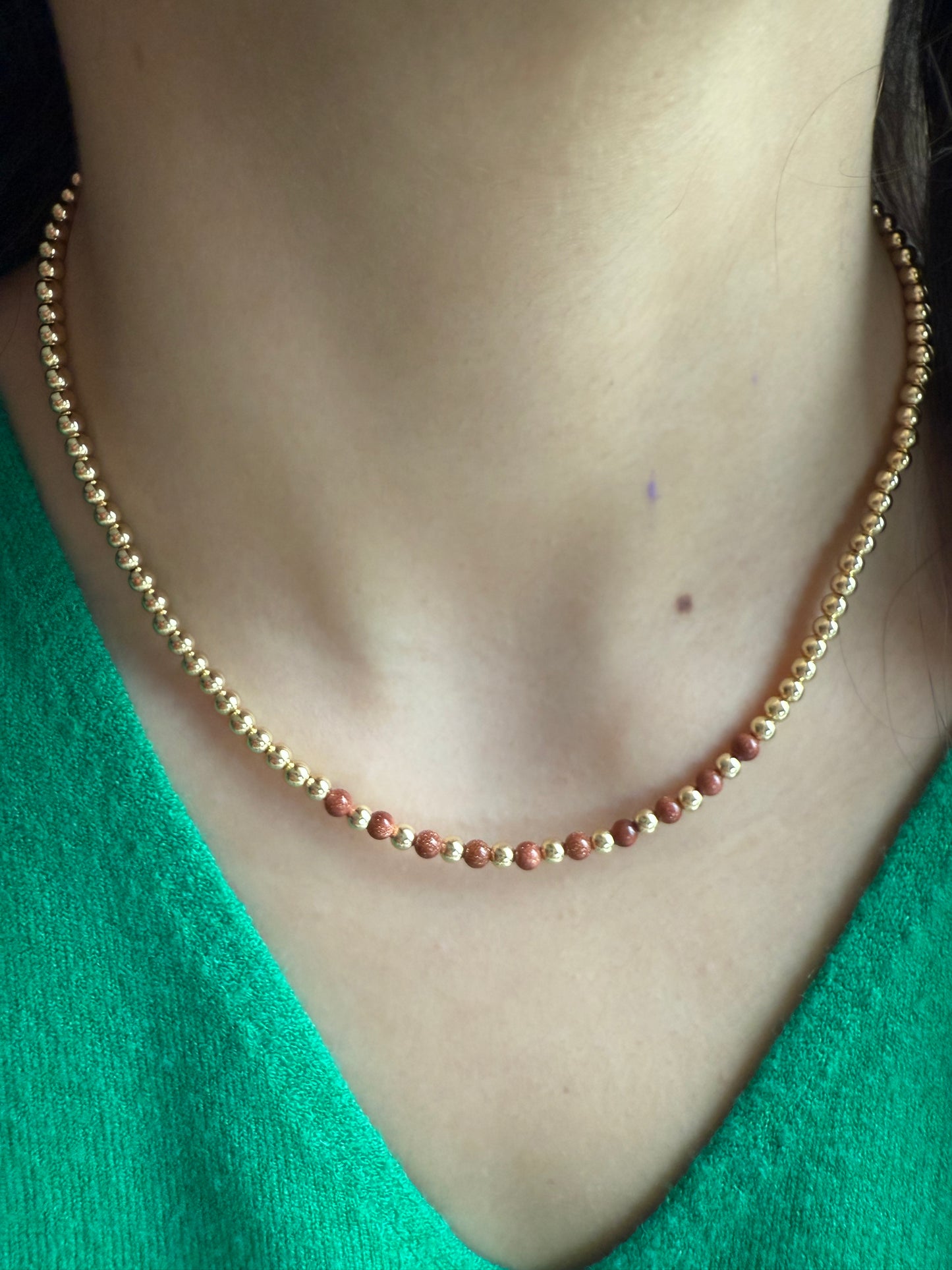 Gold Bead Necklace with Brown Stone Accents