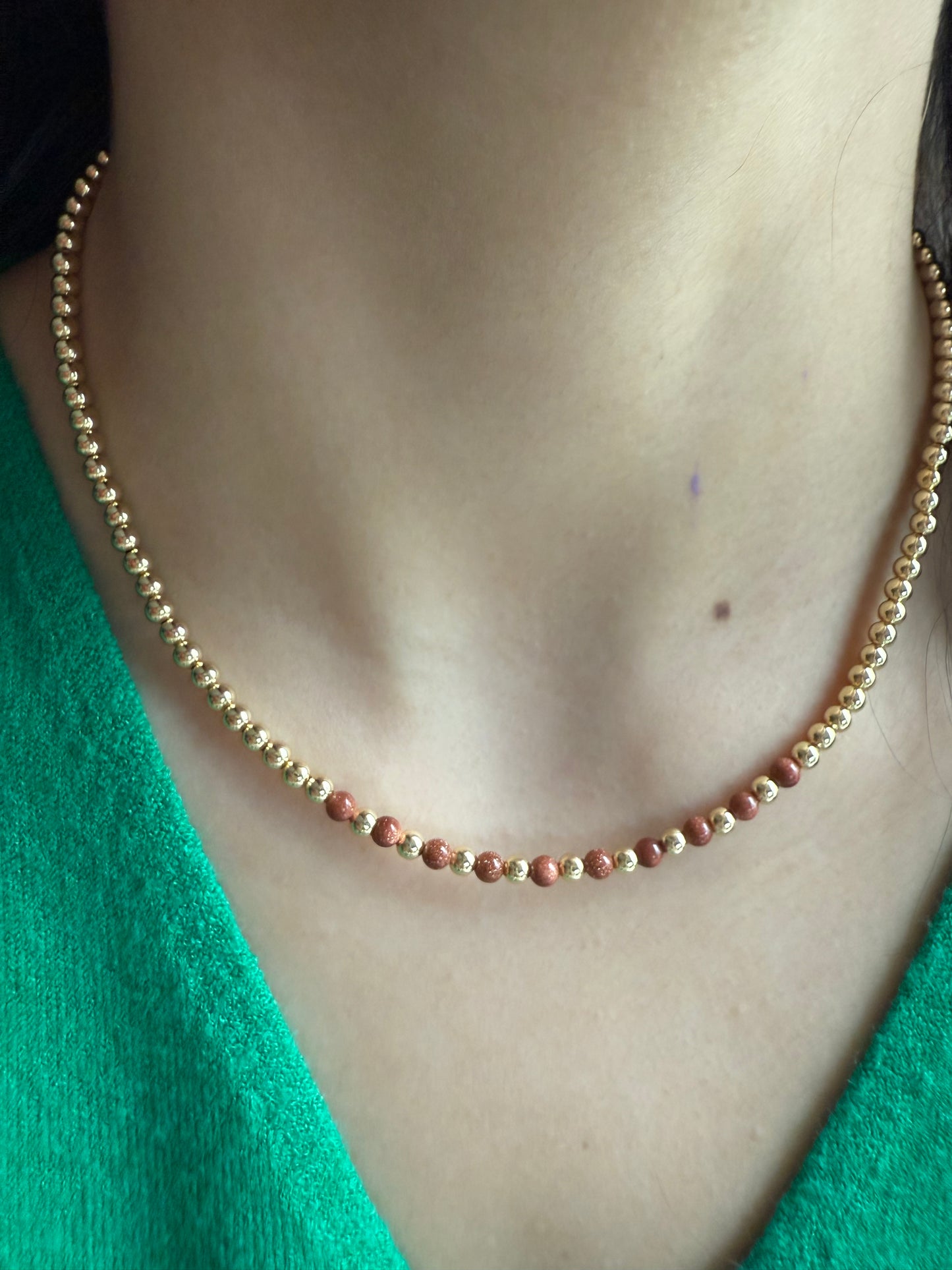 Gold Bead Necklace with Brown Stone Accents