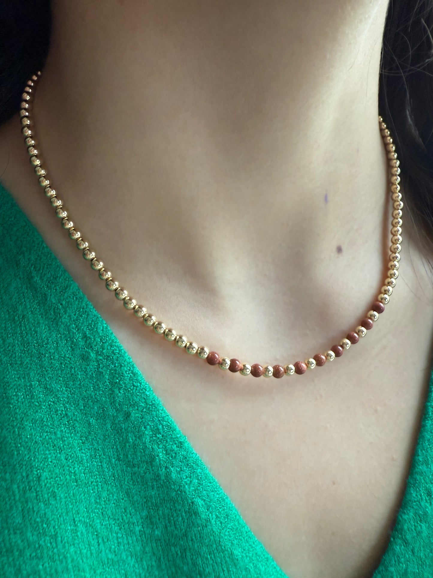 Gold Bead Necklace with Brown Stone Accents