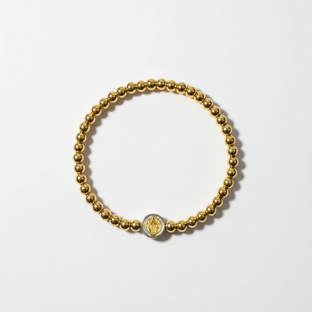 Gold Beaded Bracelet with Saint Benedict Medal