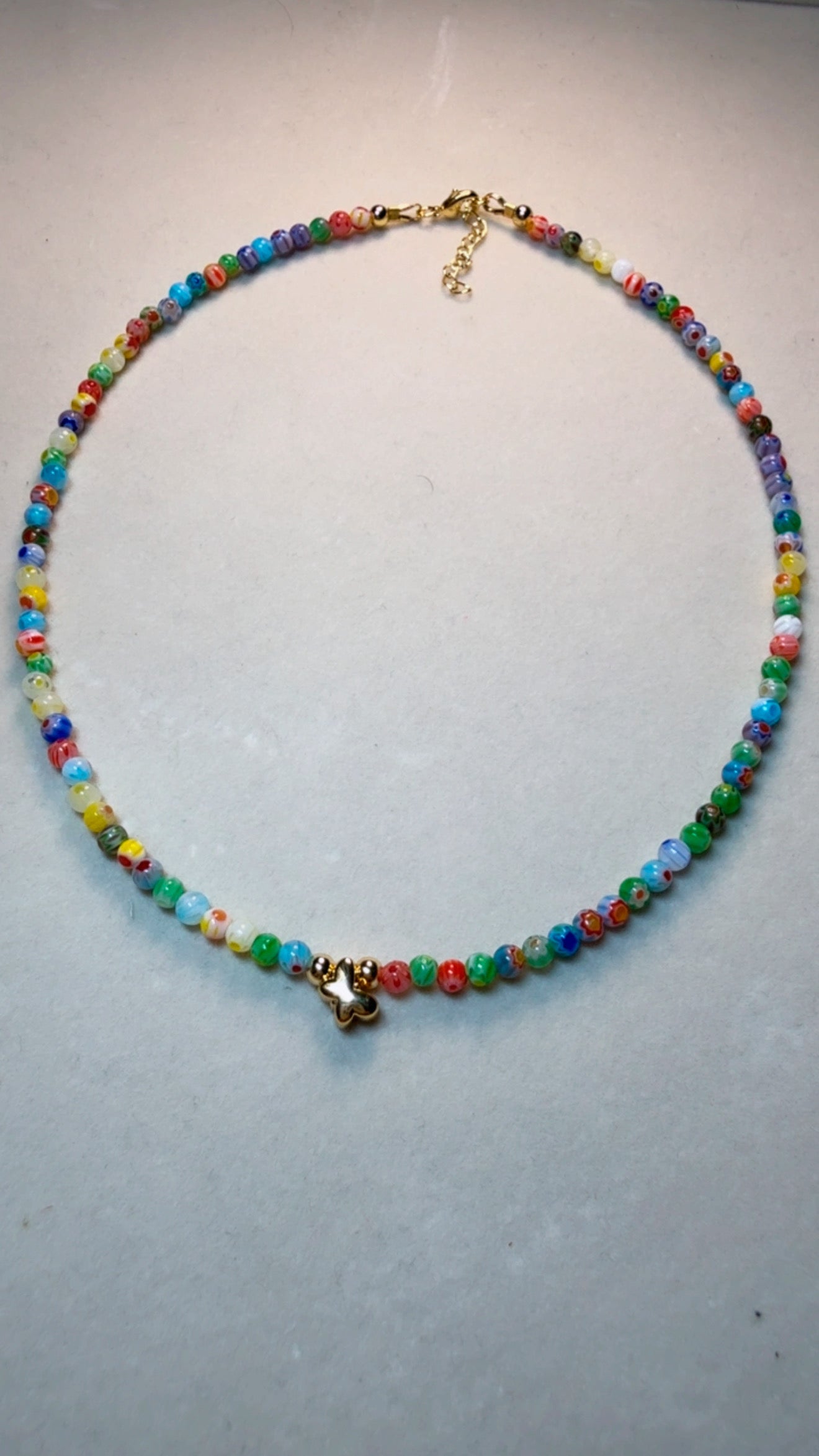 Rainbow Beaded Necklace with Gold Butterfly Charm