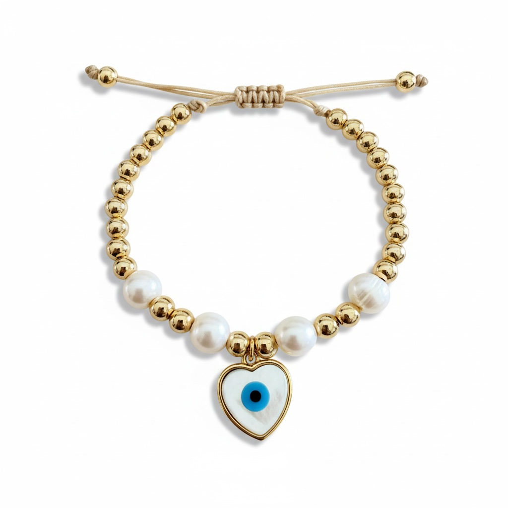 Gold Beaded Evil Eye Heart Bracelet