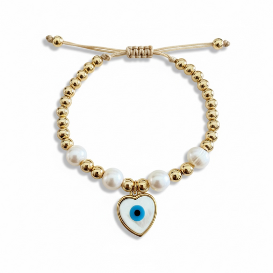Gold Beaded Evil Eye Heart Bracelet