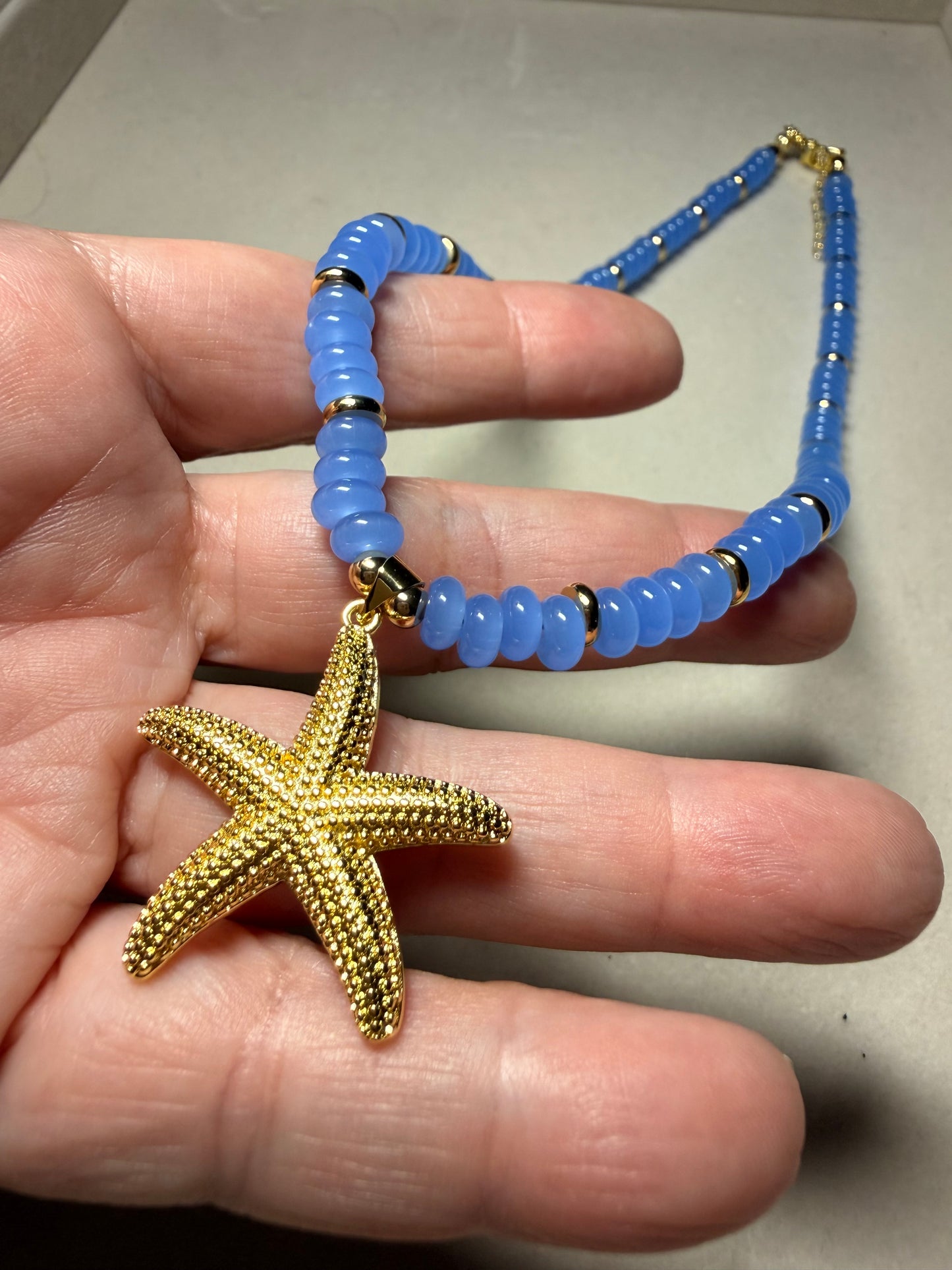Starfish Necklace with Blue Beads & Gold Charm