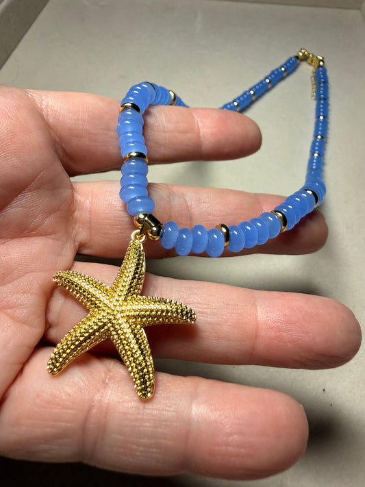 Starfish Necklace with Blue Beads & Gold Charm