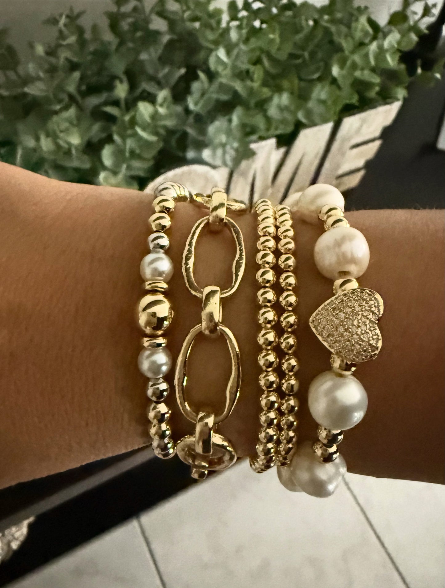 Gold Beaded & Pearl Bracelet Stack with Heart Charm