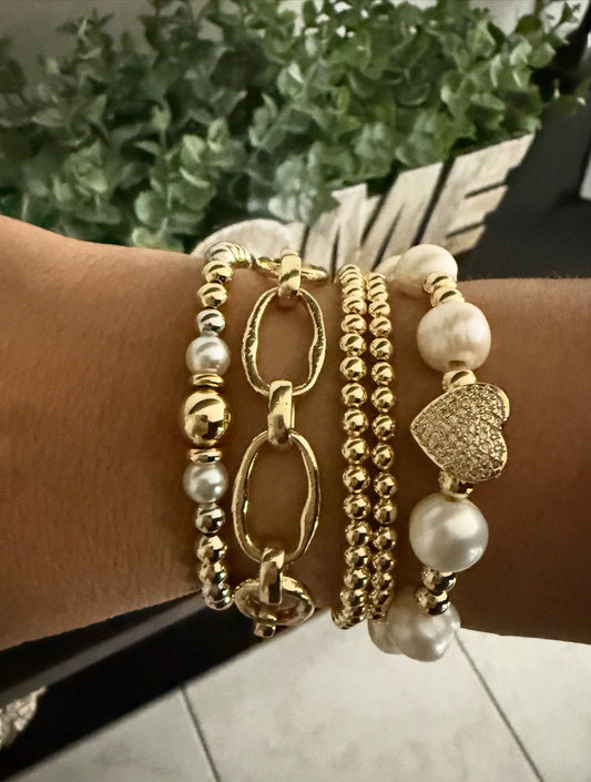 Gold Beaded & Pearl Bracelet Stack with Heart Charm