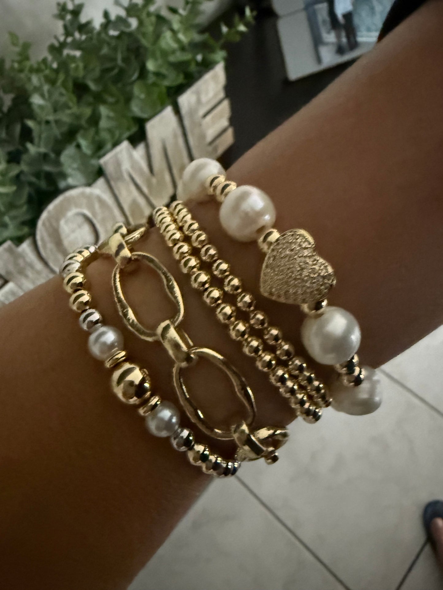Gold Beaded & Pearl Bracelet Stack with Heart Charm