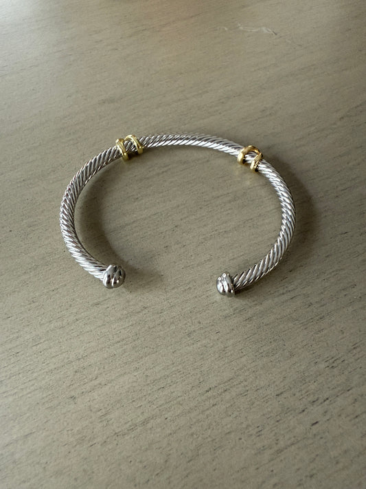 Silver cable cuff bracelet with gold accents