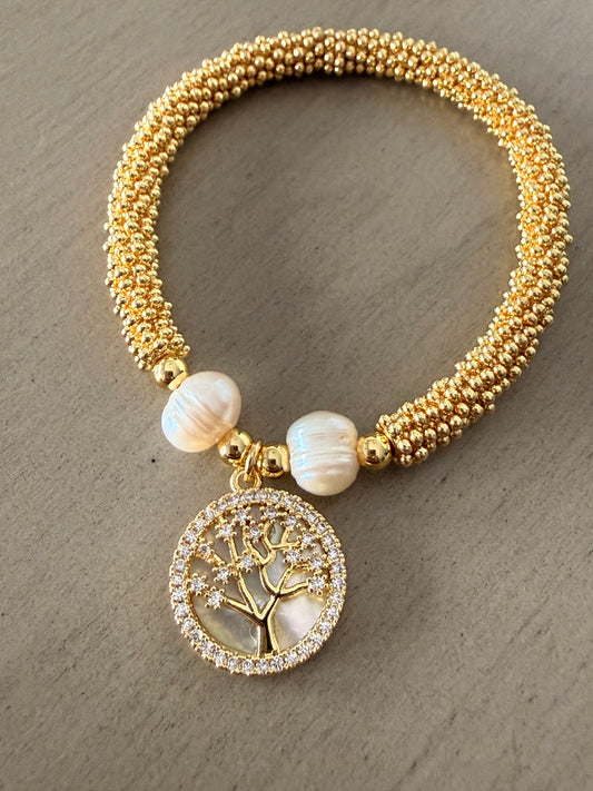 Handmade Gold Beaded Pearl Charm Bracelet
