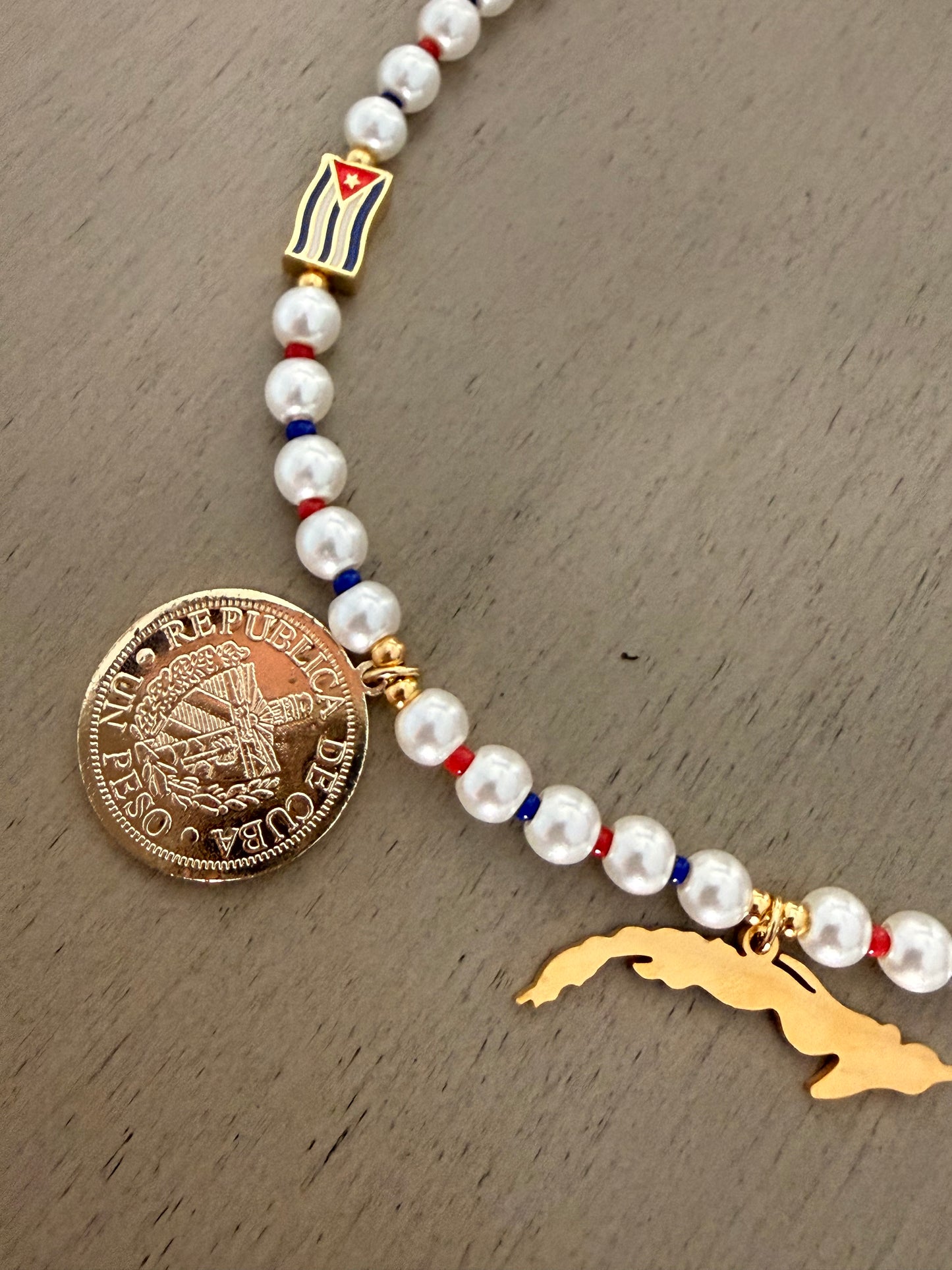 Cuba Map Pearl Necklace with Cuban Flag Charms