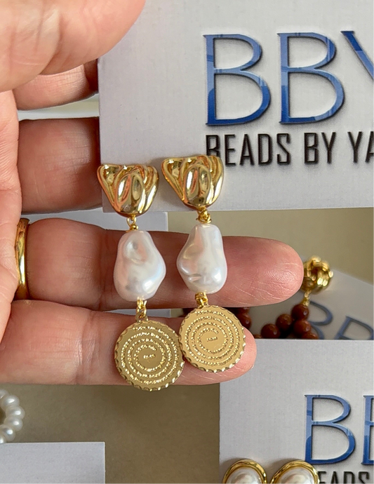 Baroque Pearl & Spiral Earrings with Our Father Charm