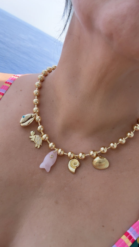 Golden Coastal Charm Necklace | Sea Shell, Turtle, Fish & Cowrie Charm Beaded Necklace