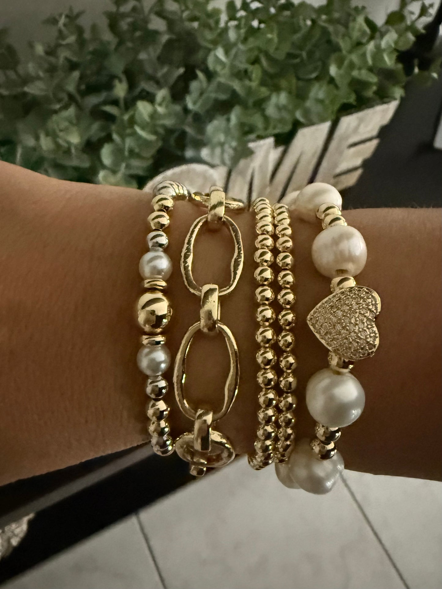 Gold Beaded & Pearl Bracelet Stack with Heart Charm
