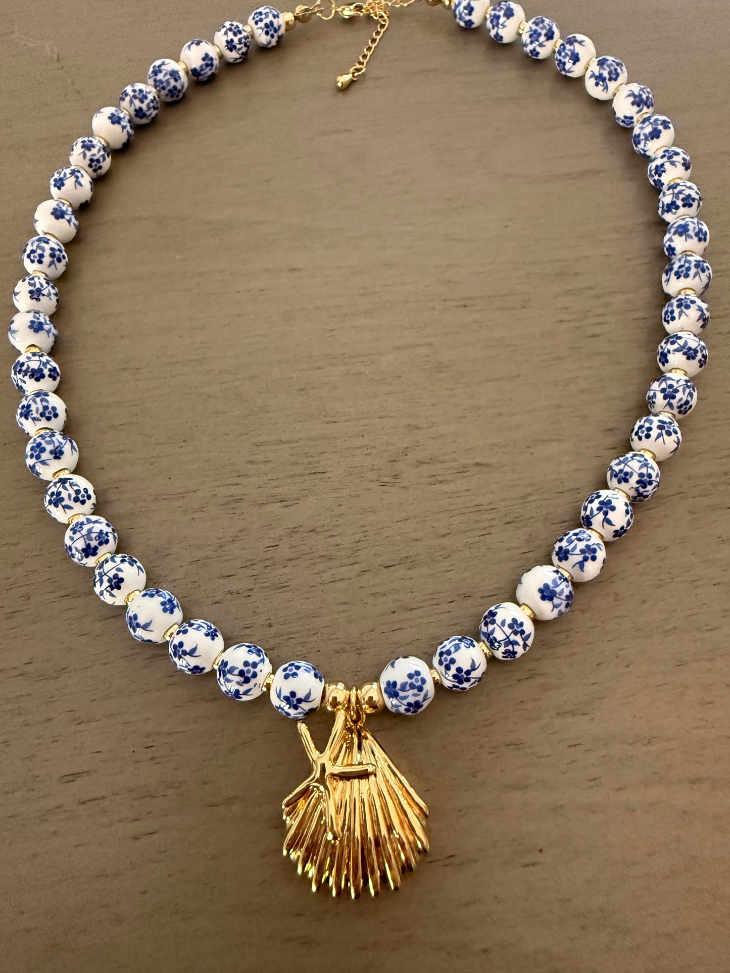 Blue & White Porcelain Bead Necklace with Gold Scallop Shell Pendant