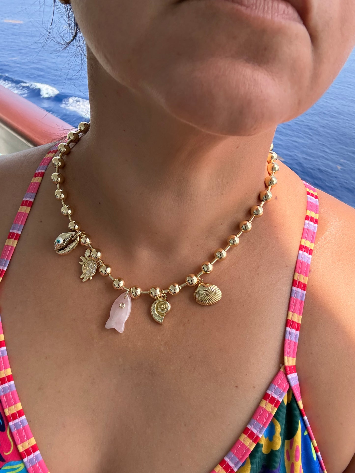 Golden Coastal Charm Necklace | Sea Shell, Turtle, Fish & Cowrie Charm Beaded Necklace