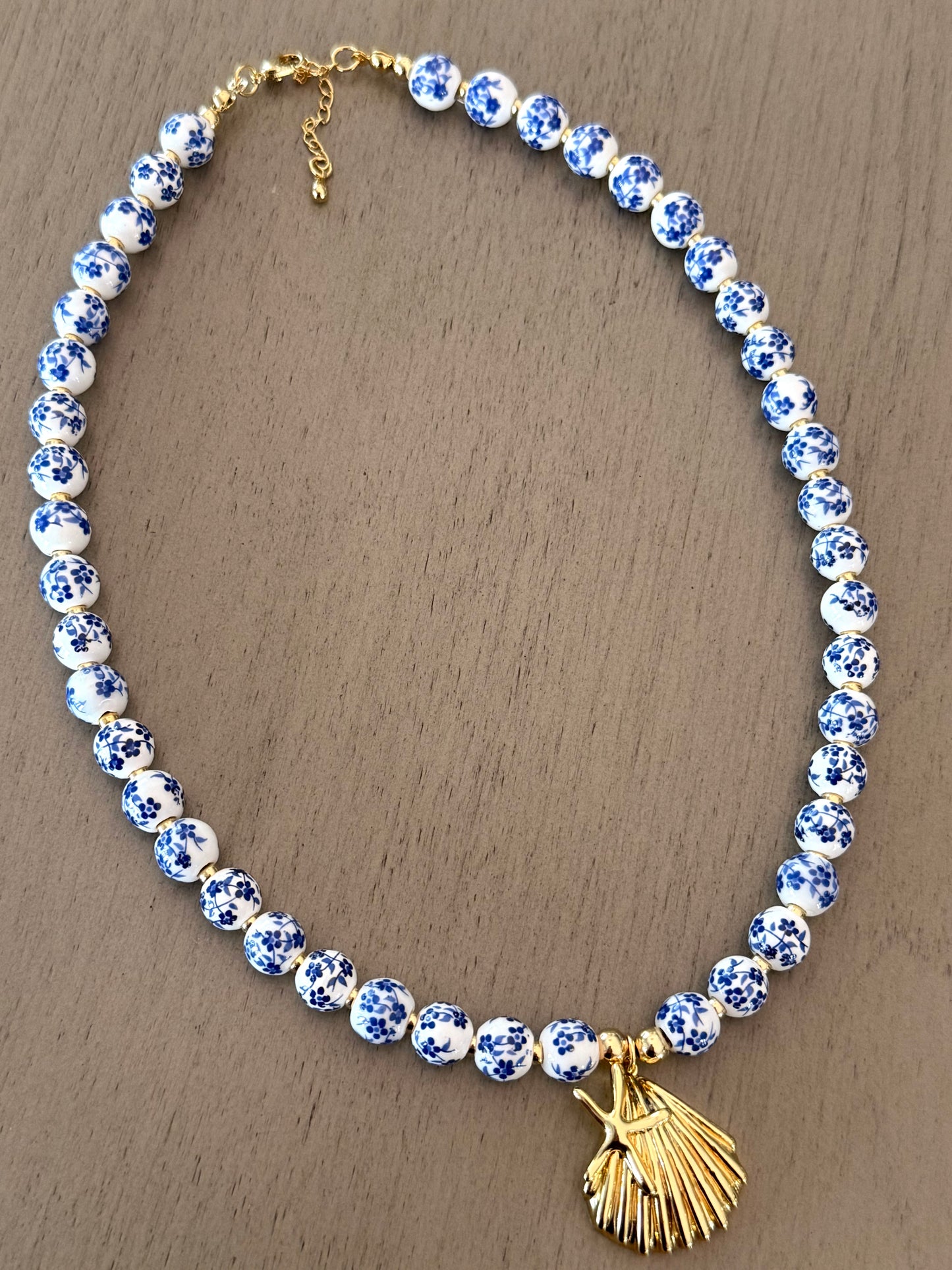 Blue & White Porcelain Bead Necklace with Gold Scallop Shell Pendant