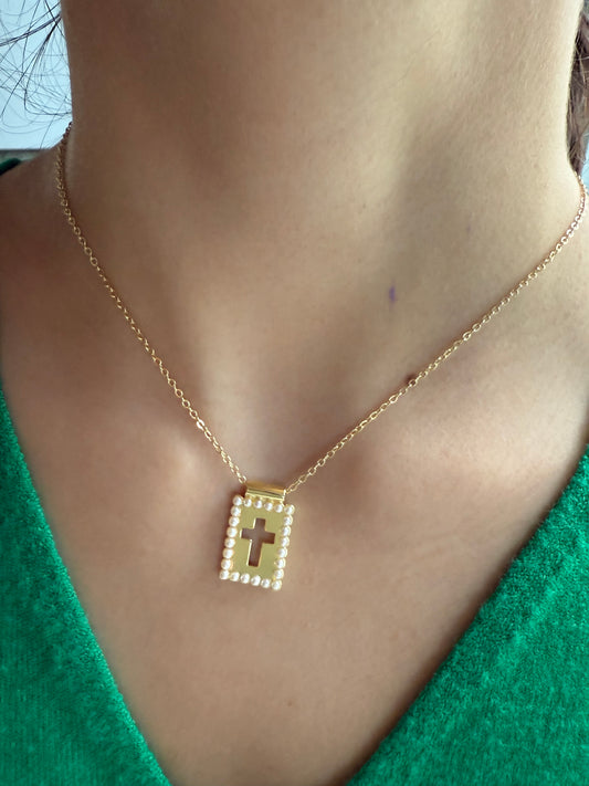 Gold Cross Pendant with Pearl Border