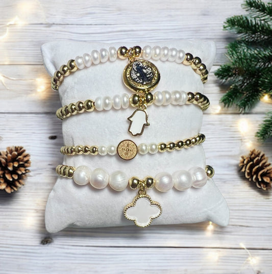 Gold and pearl bracelet with charm