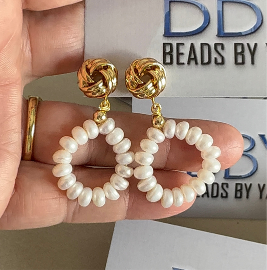 Golden Knot Pearl Hoop Earrings