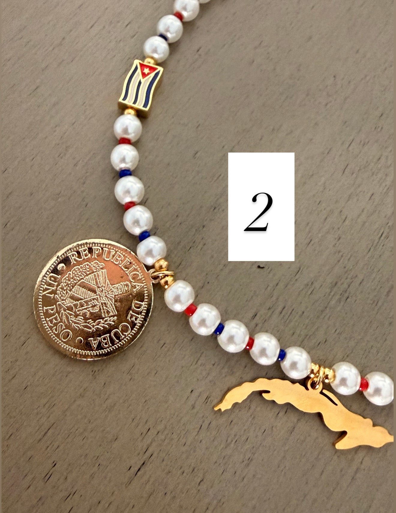 Cuba Map Pearl Necklace with Cuban Flag Charms