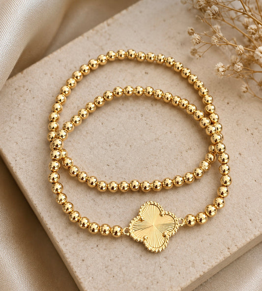 Lucky Clover Gold Beaded Bracelet Set – 2 Piece Stretch Stack