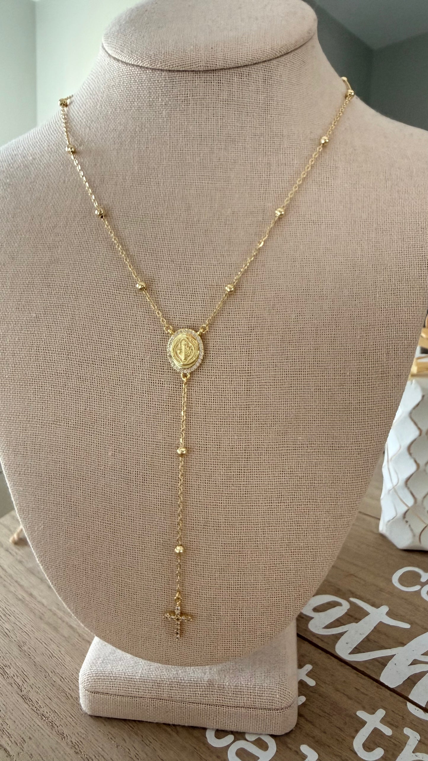 Gold Rosary Y Necklace – Virgin Mary Medal & Cross