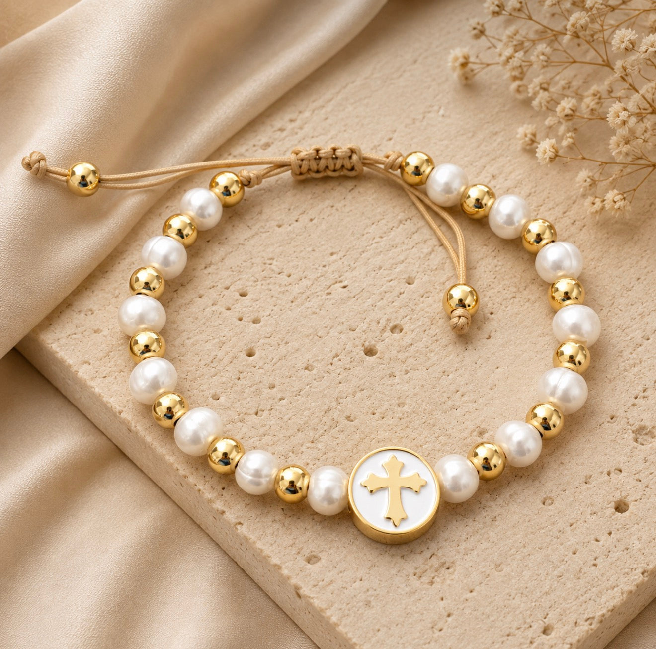 Golden Cross Pearl Bracelet – Adjustable Faith Jewelry