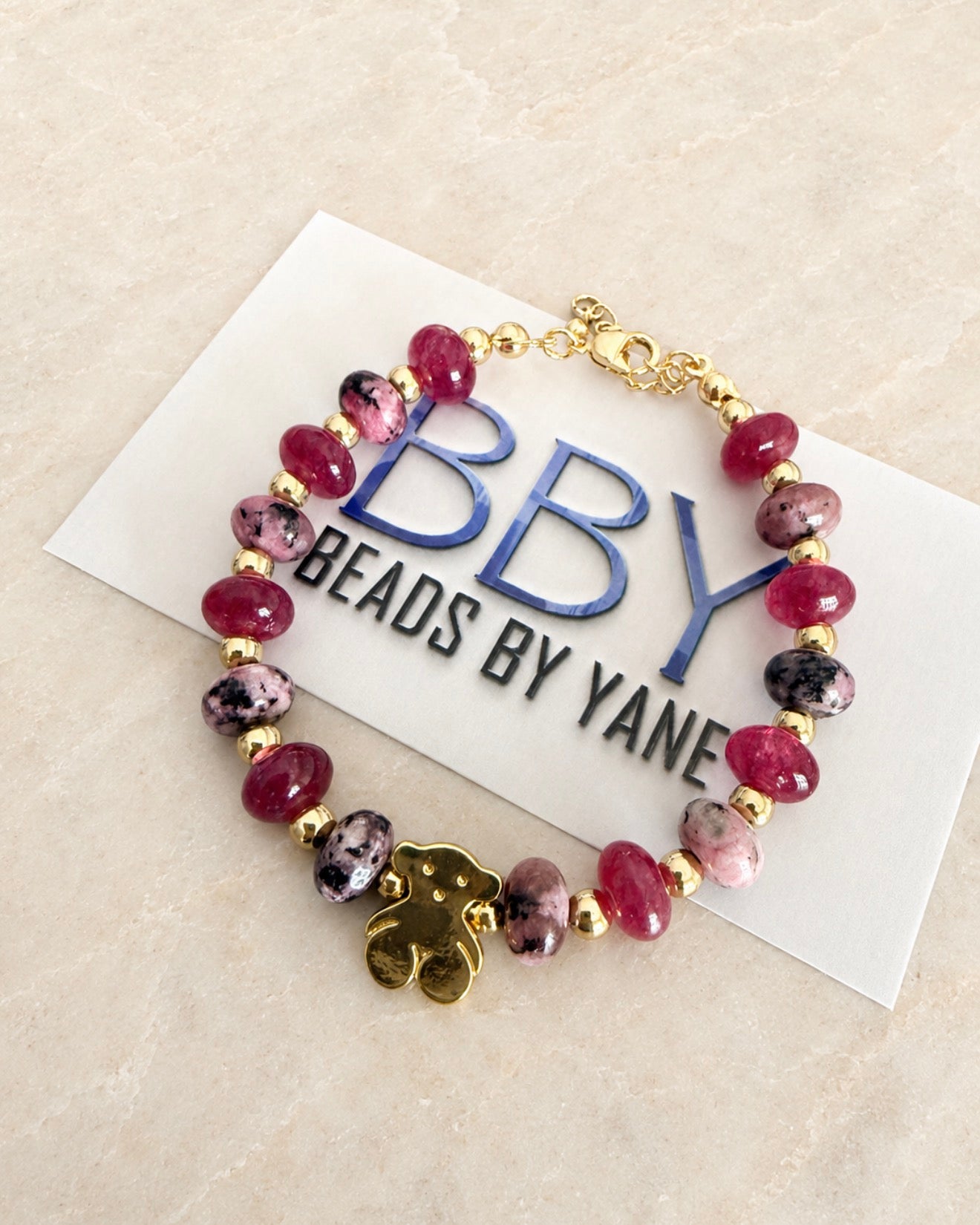 Pink Gemstone Teddy Bear Bracelet