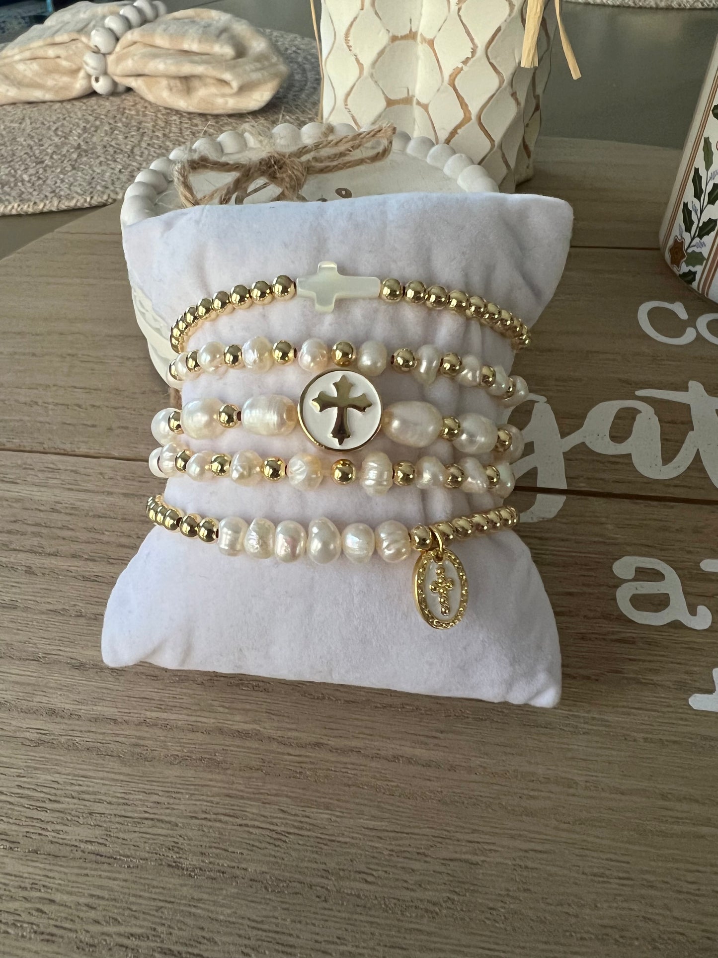 Cross stack of bracelets