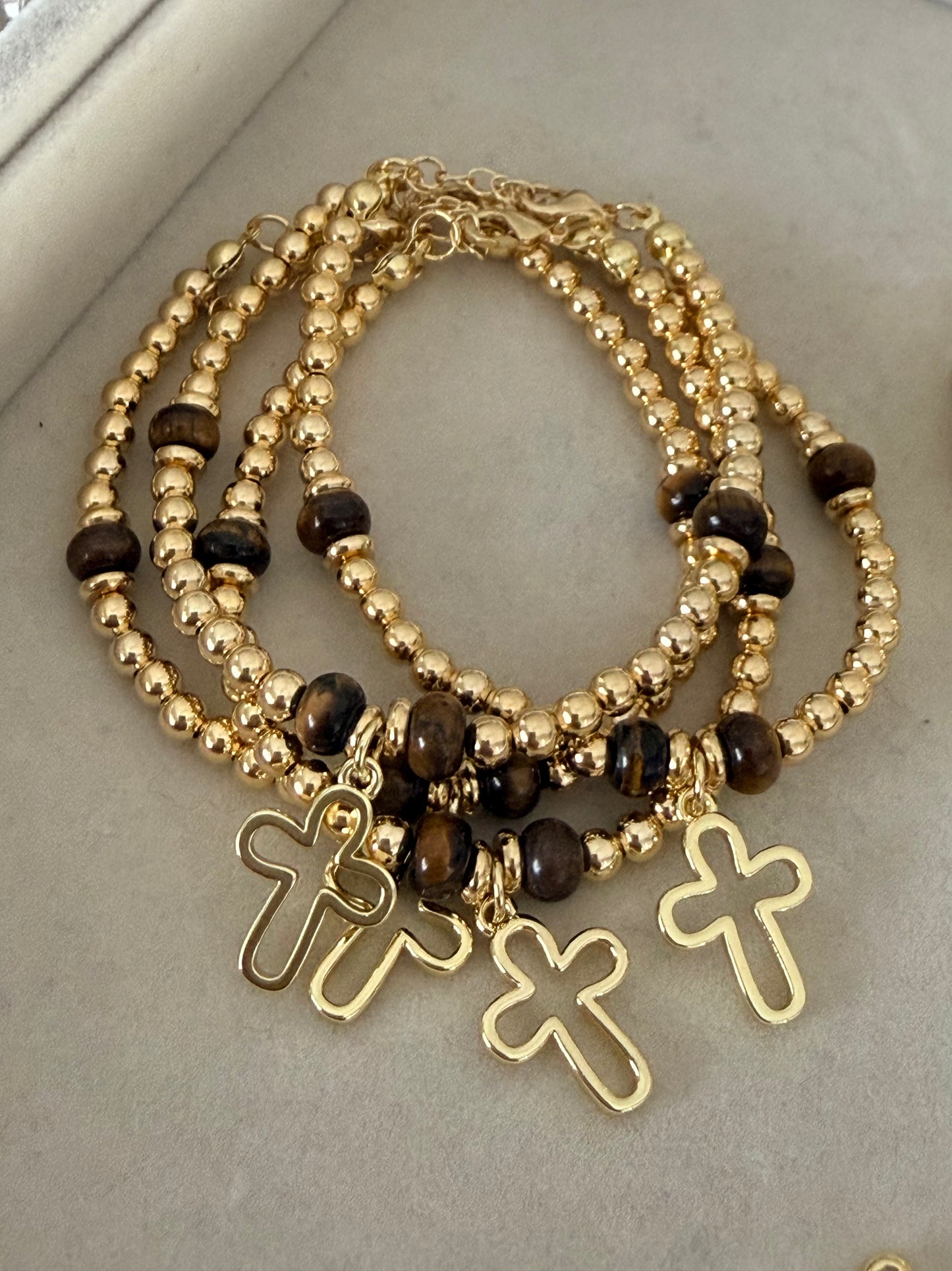 Golden Faith Cross & Tiger’s Eye Beaded Bracelet
